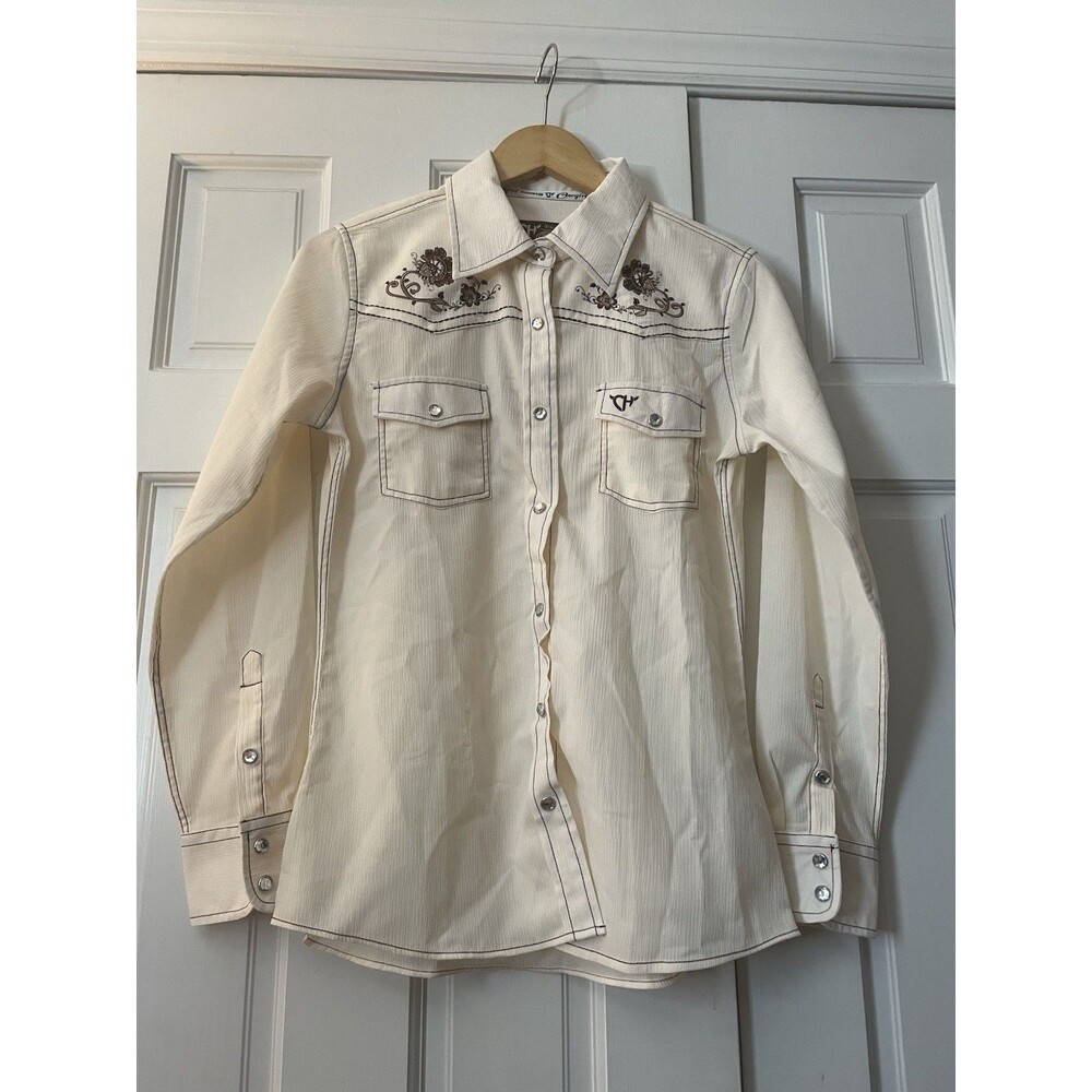 Cowgirl Hardware Womens Western Shirt Cream Embroidered Floral Snap Small NWT